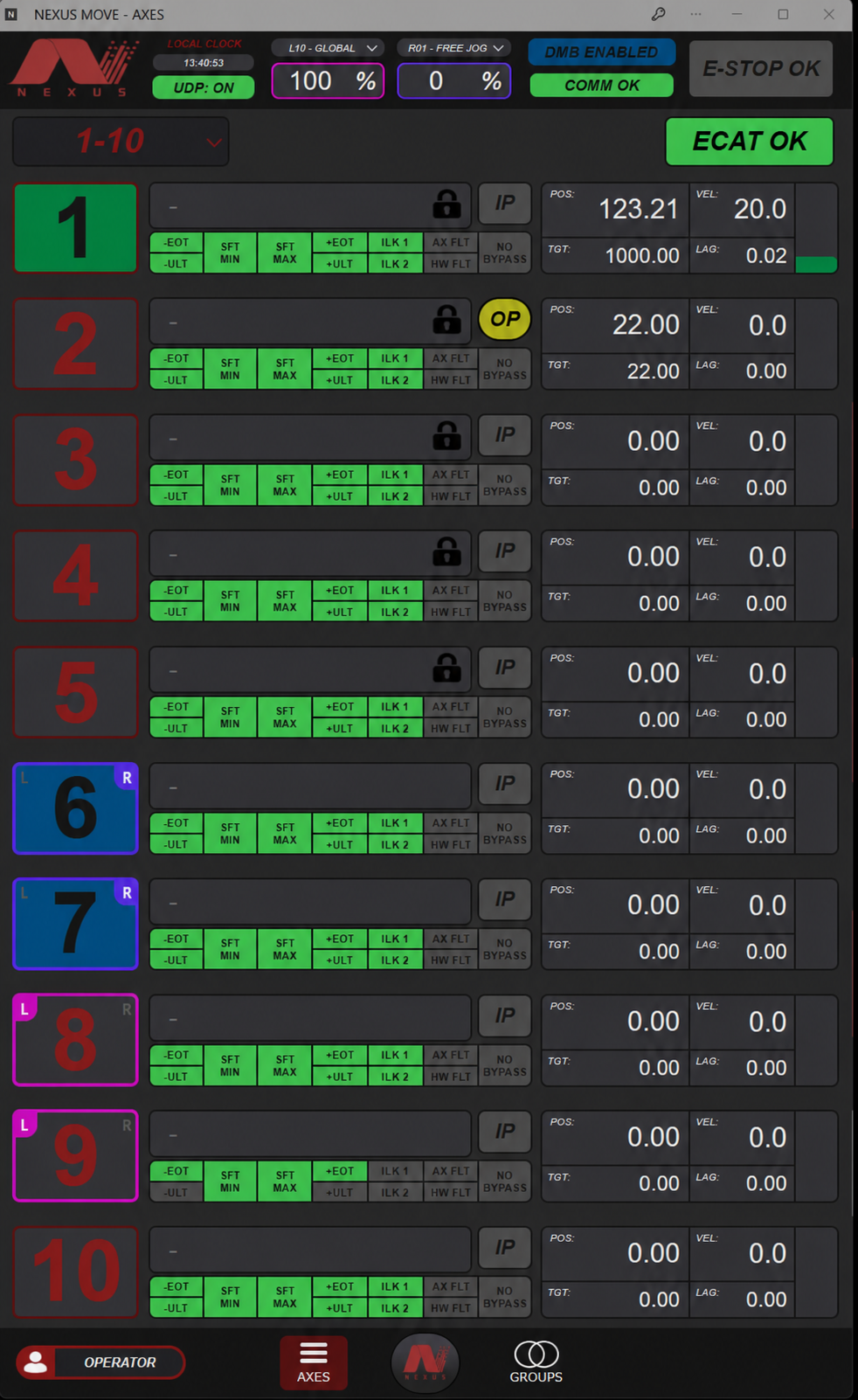 NexusMOVE Axis View showing position, target, velocity, limits, and the restore-needed OP indicator