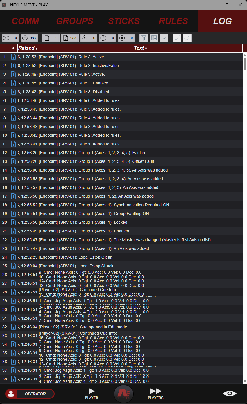 Excerpt of the NexusMOVE event log showing timestamped rule additions and ordinary activity