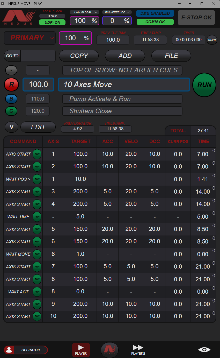 Primary Player detail with motion parameters, Wait Position, and Wait Time commands