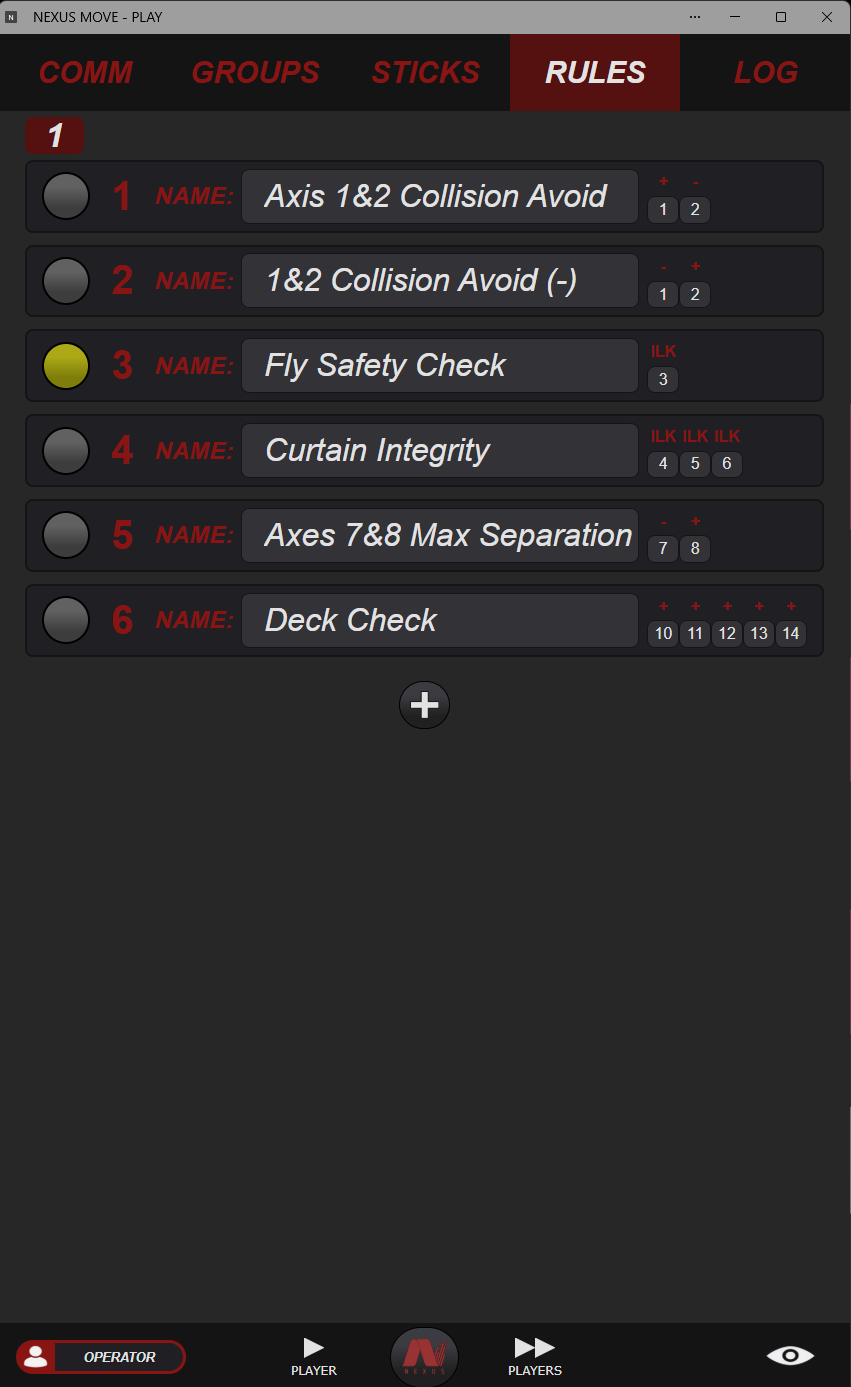 Named NexusMOVE rules with affected axis numbers and a yellow cue-light assignment beside Fly Safety Check