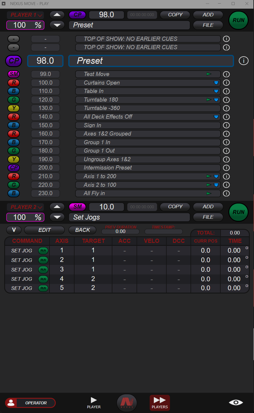 Sub-Players detail with named cues, individual speed scales, and a second playback’s command lines
